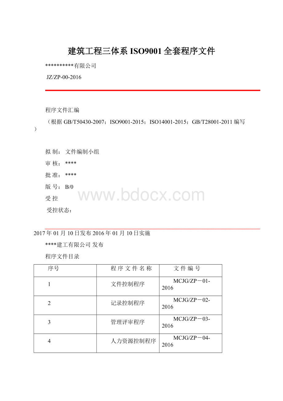 建筑工程三体系ISO9001全套程序文件Word格式.docx_第1页