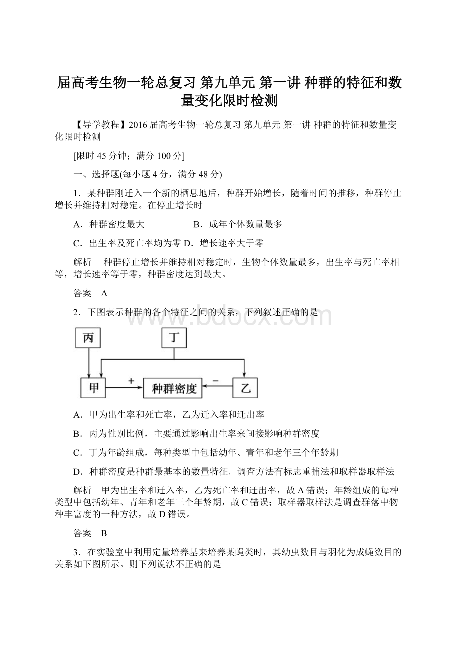 届高考生物一轮总复习 第九单元 第一讲 种群的特征和数量变化限时检测.docx