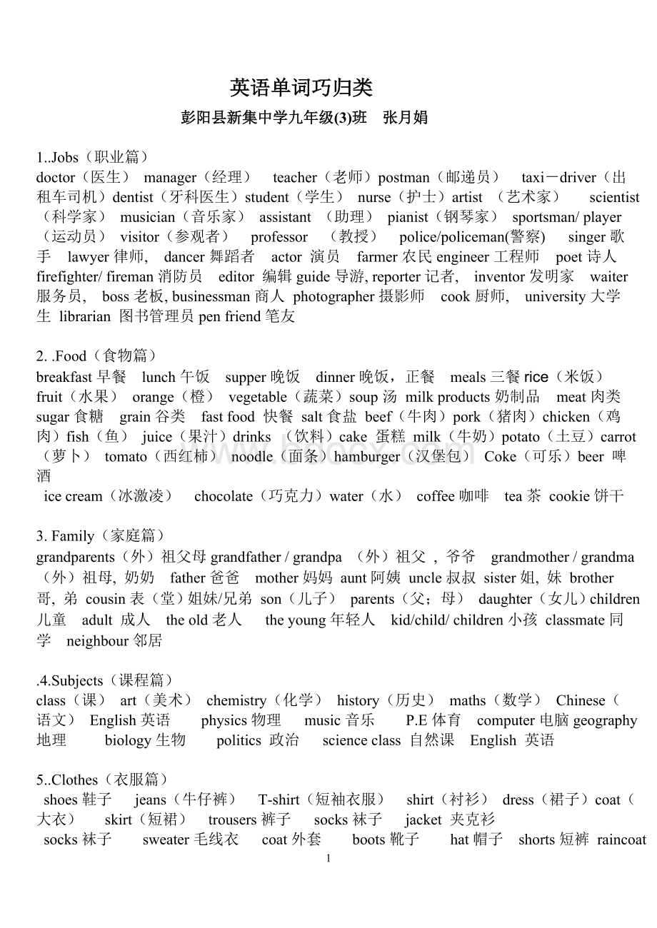 初中英语单词归类Word文档格式.doc