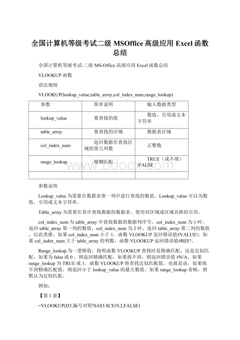 全国计算机等级考试二级MSOffice高级应用Excel函数总结.docx