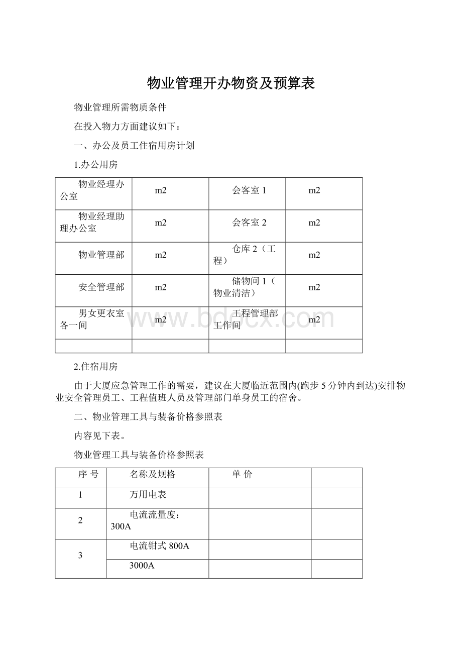 物业管理开办物资及预算表.docx_第1页