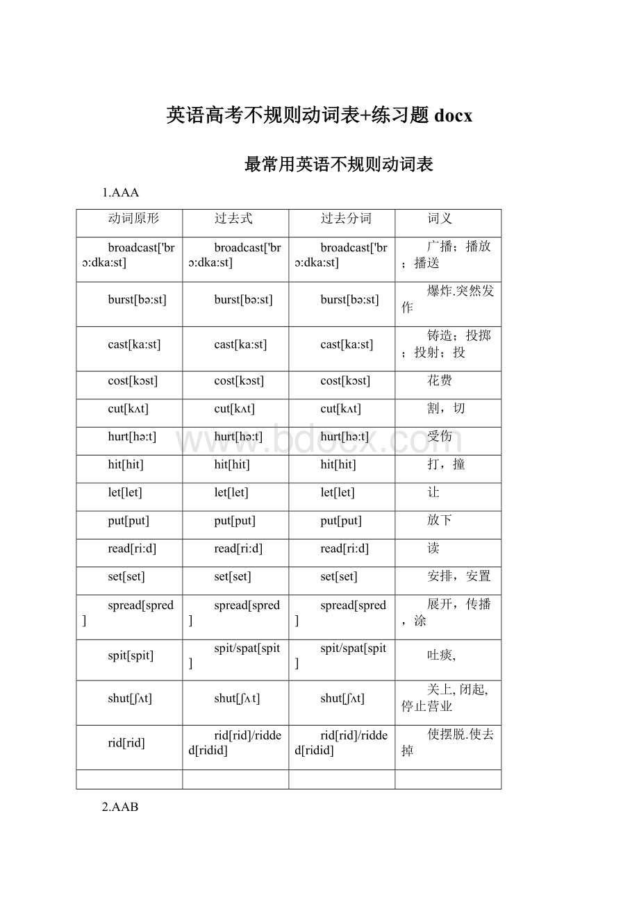 英语高考不规则动词表+练习题docxWord文件下载.docx