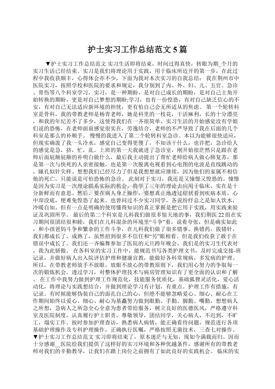 护士实习工作总结范文5篇Word文件下载.docx