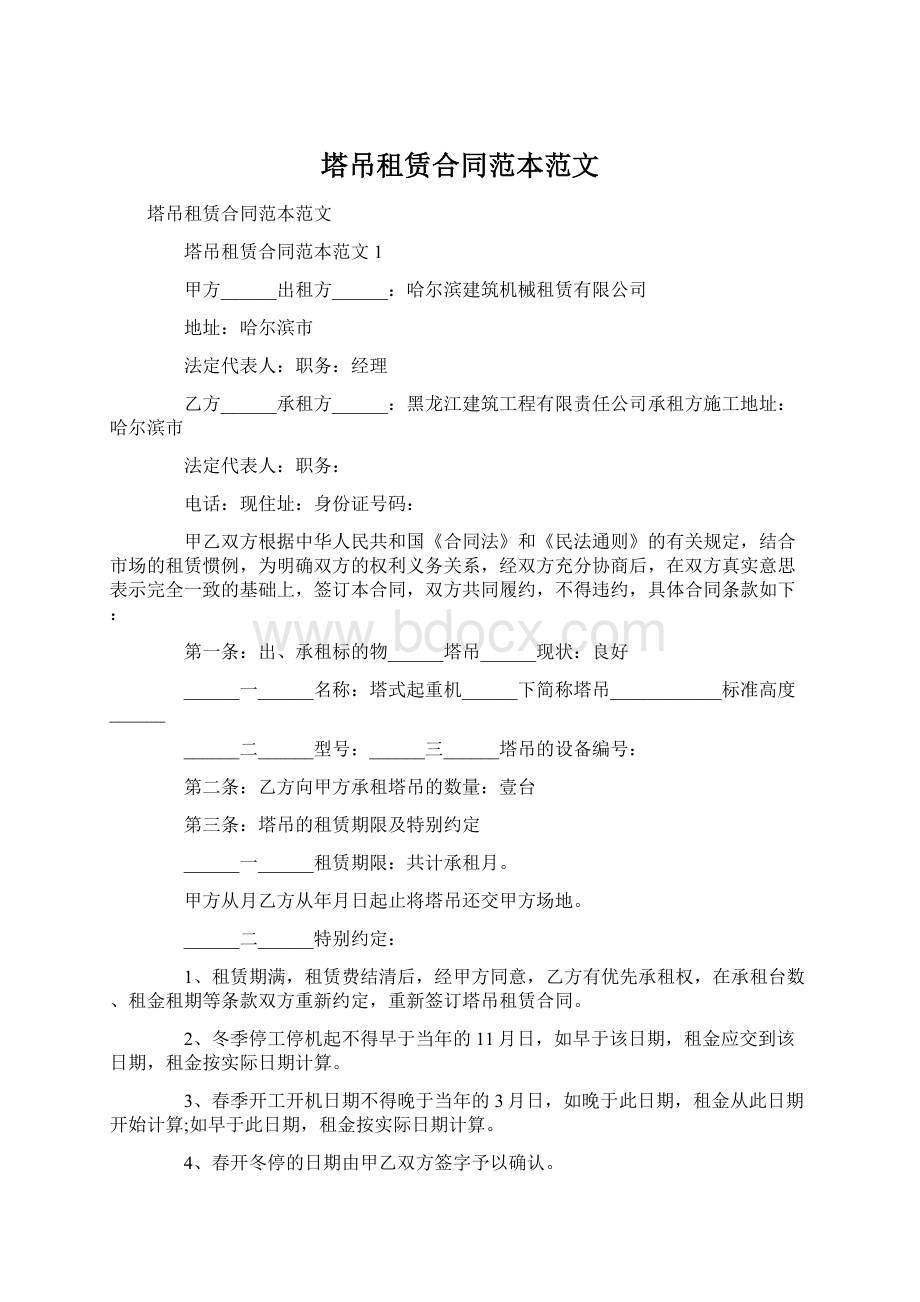 塔吊租赁合同范本范文Word格式文档下载.docx