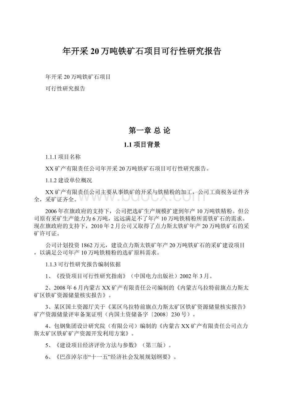 年开采20万吨铁矿石项目可行性研究报告Word格式.docx