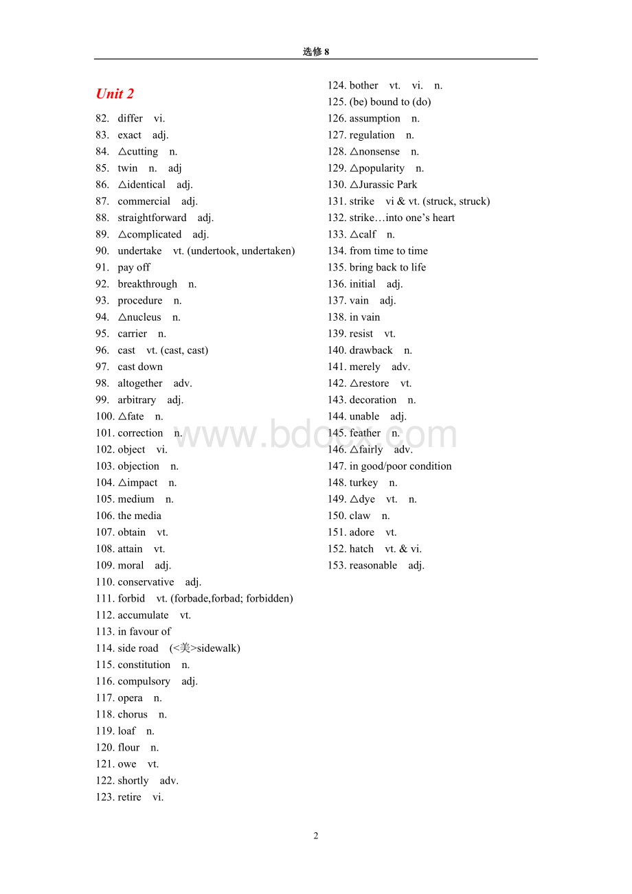 人教版高中英语选修8词汇表--英汉分开.doc_第2页