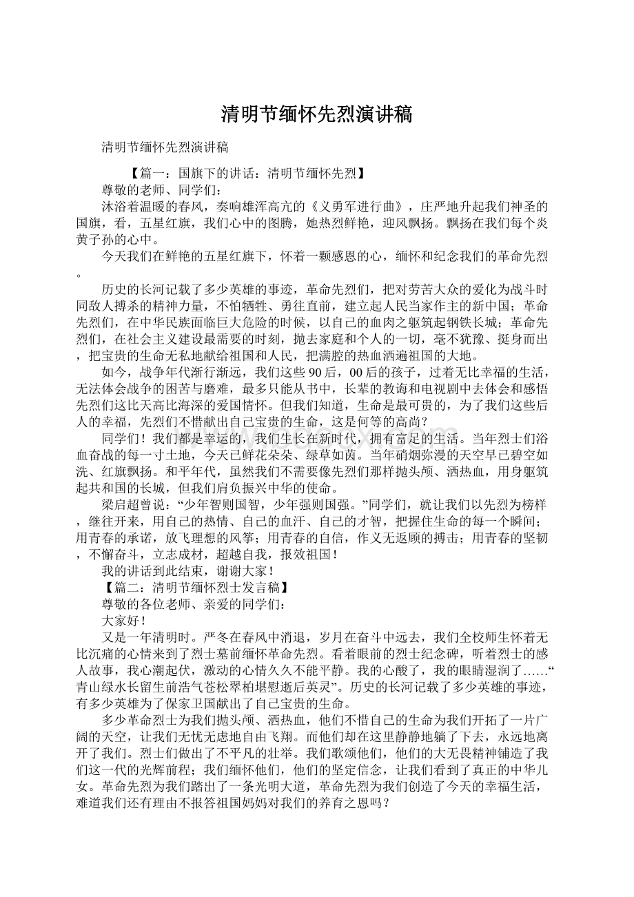 清明节缅怀先烈演讲稿Word格式文档下载.docx