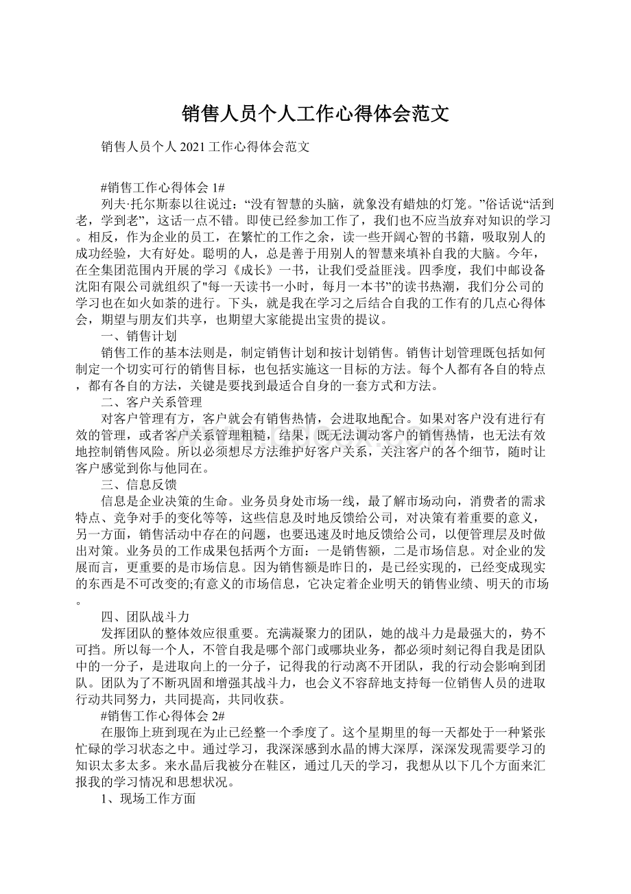 销售人员个人工作心得体会范文文档格式.docx