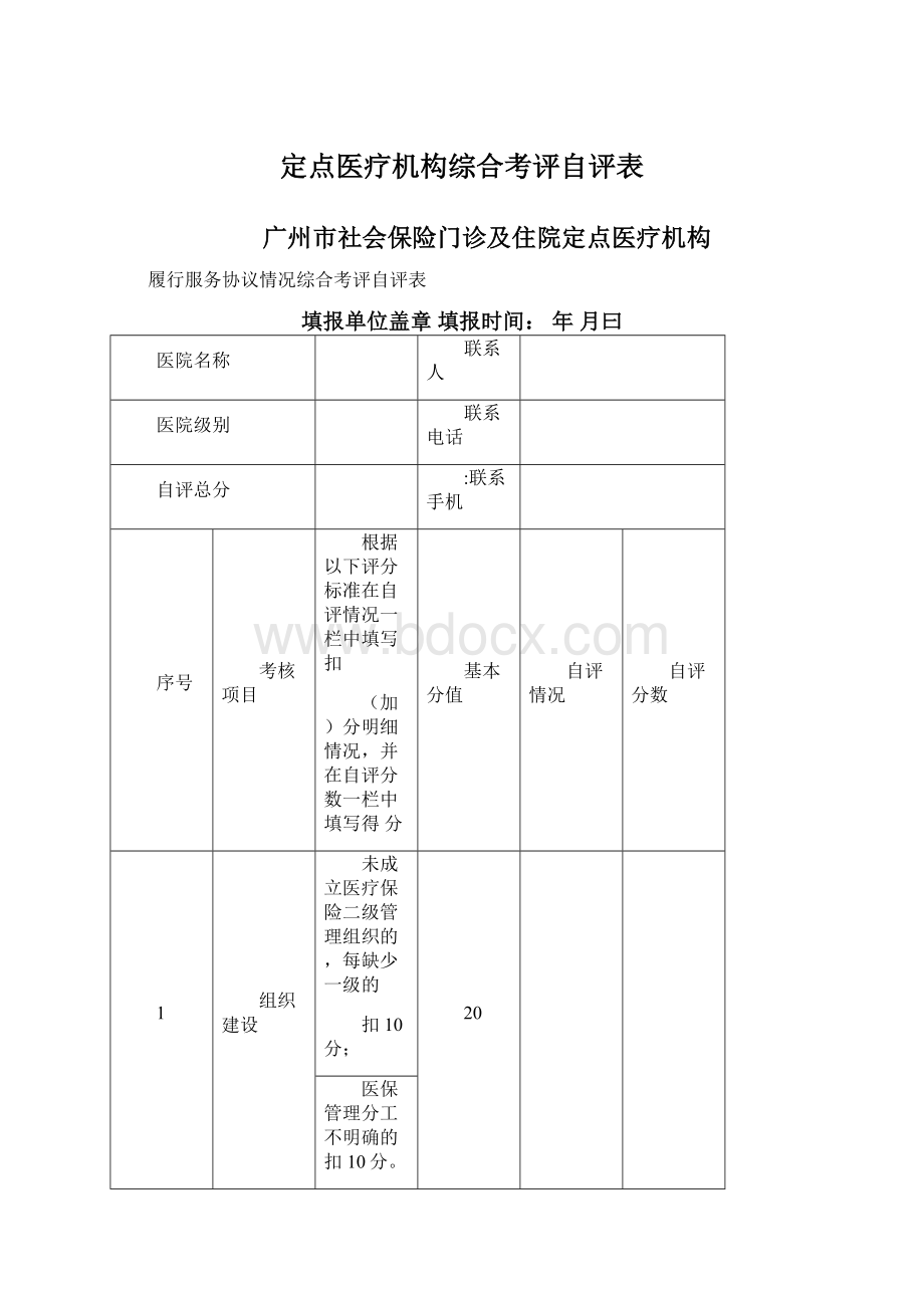 定点医疗机构综合考评自评表文档格式.docx_第1页