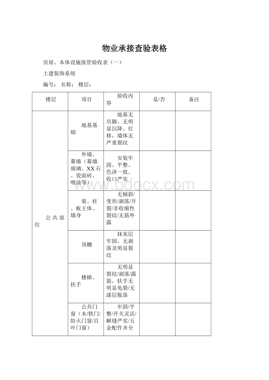 物业承接查验表格Word文档下载推荐.docx