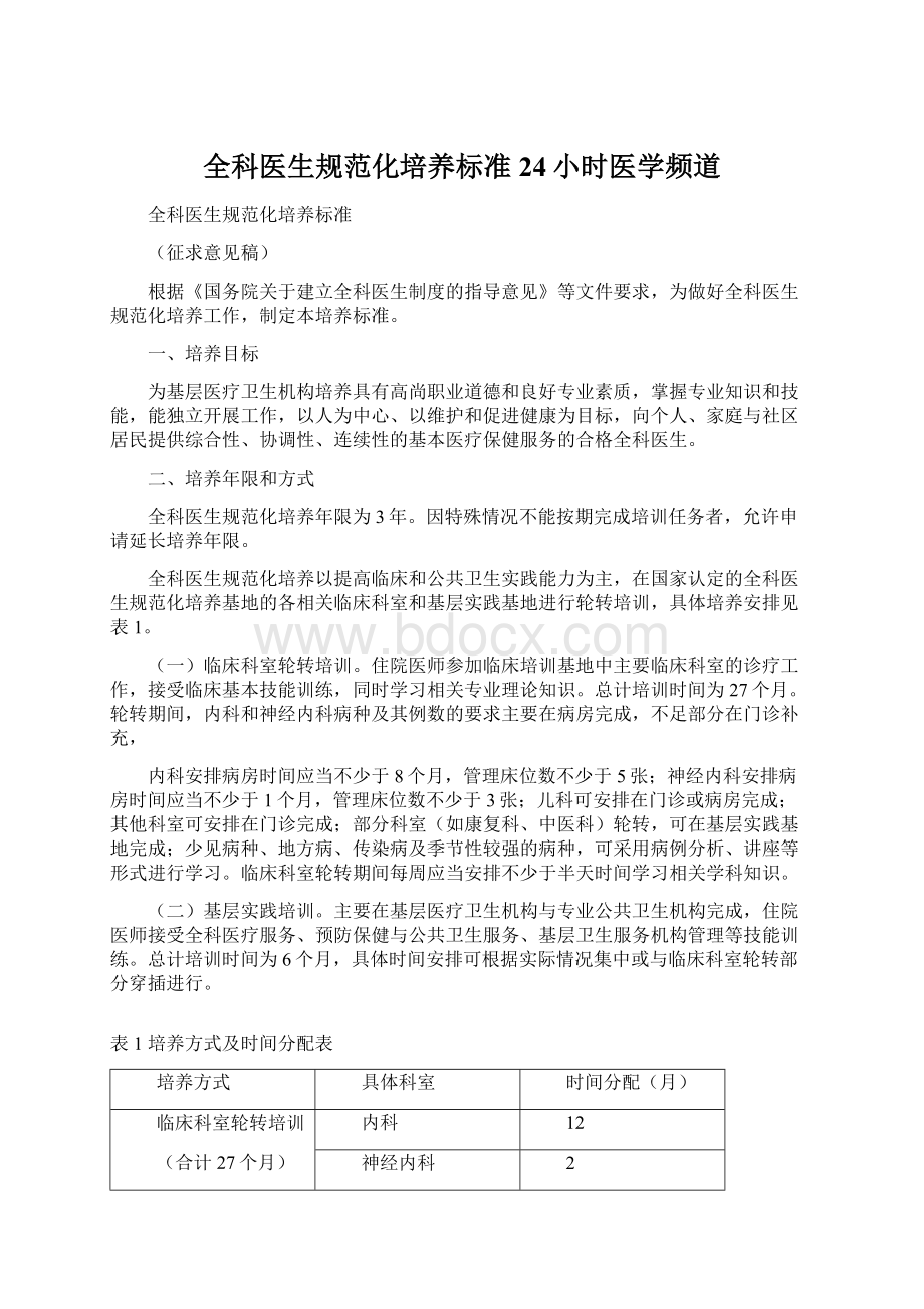 全科医生规范化培养标准24小时医学频道.docx