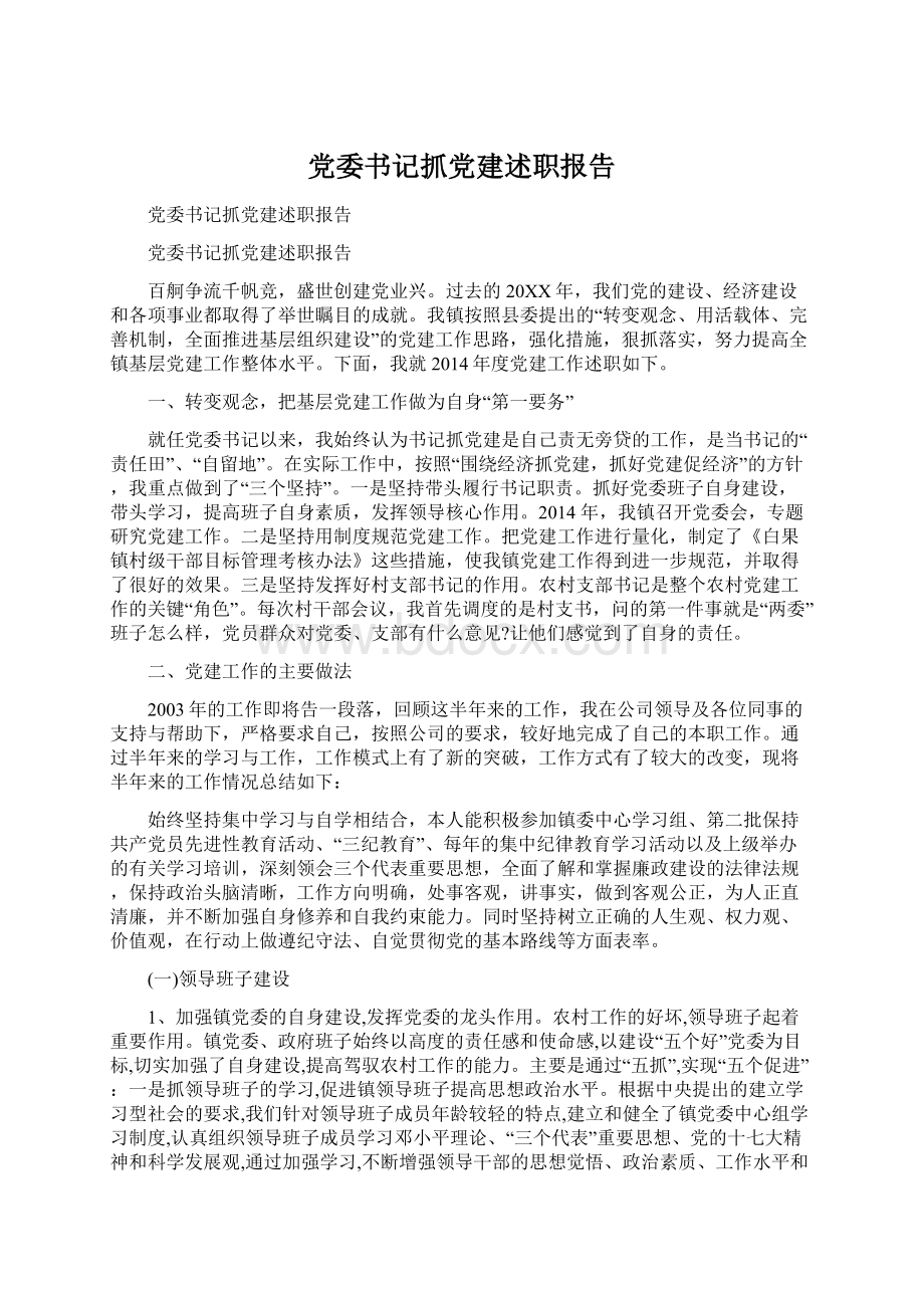 党委书记抓党建述职报告Word文档下载推荐.docx