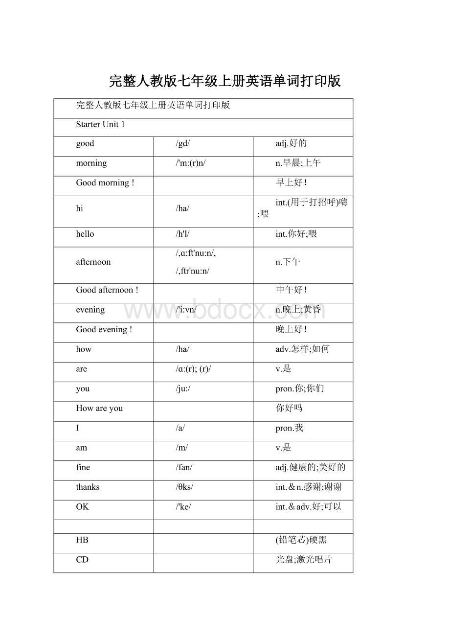 完整人教版七年级上册英语单词打印版Word文档格式.docx