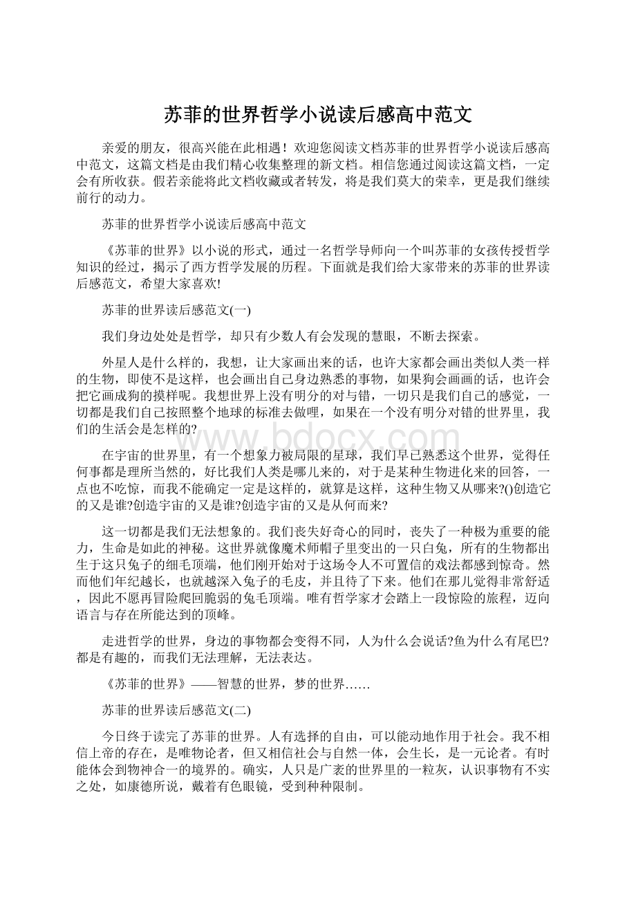 苏菲的世界哲学小说读后感高中范文Word文档下载推荐.docx_第1页