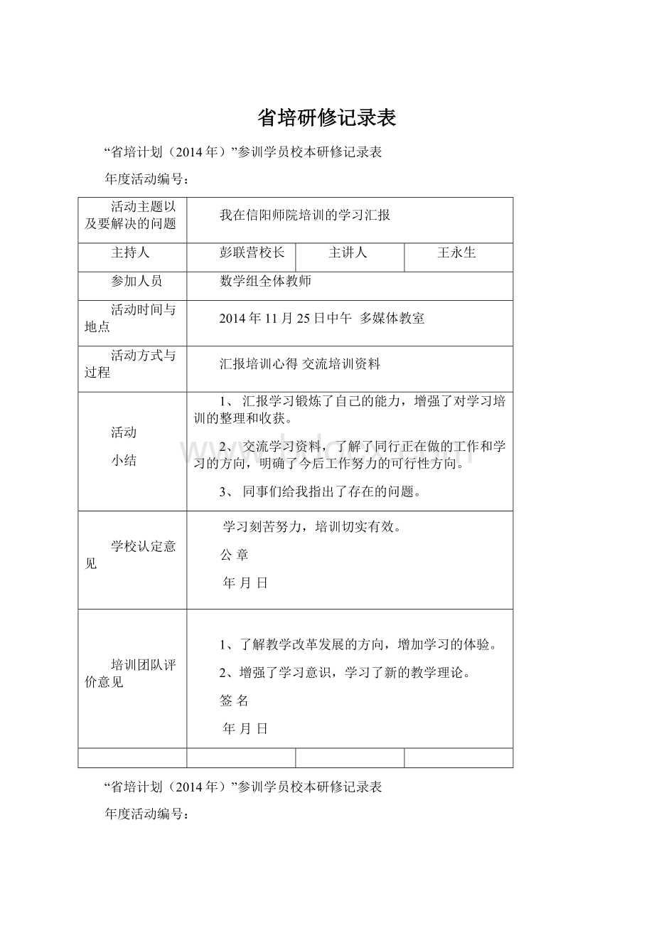 省培研修记录表Word文档格式.docx