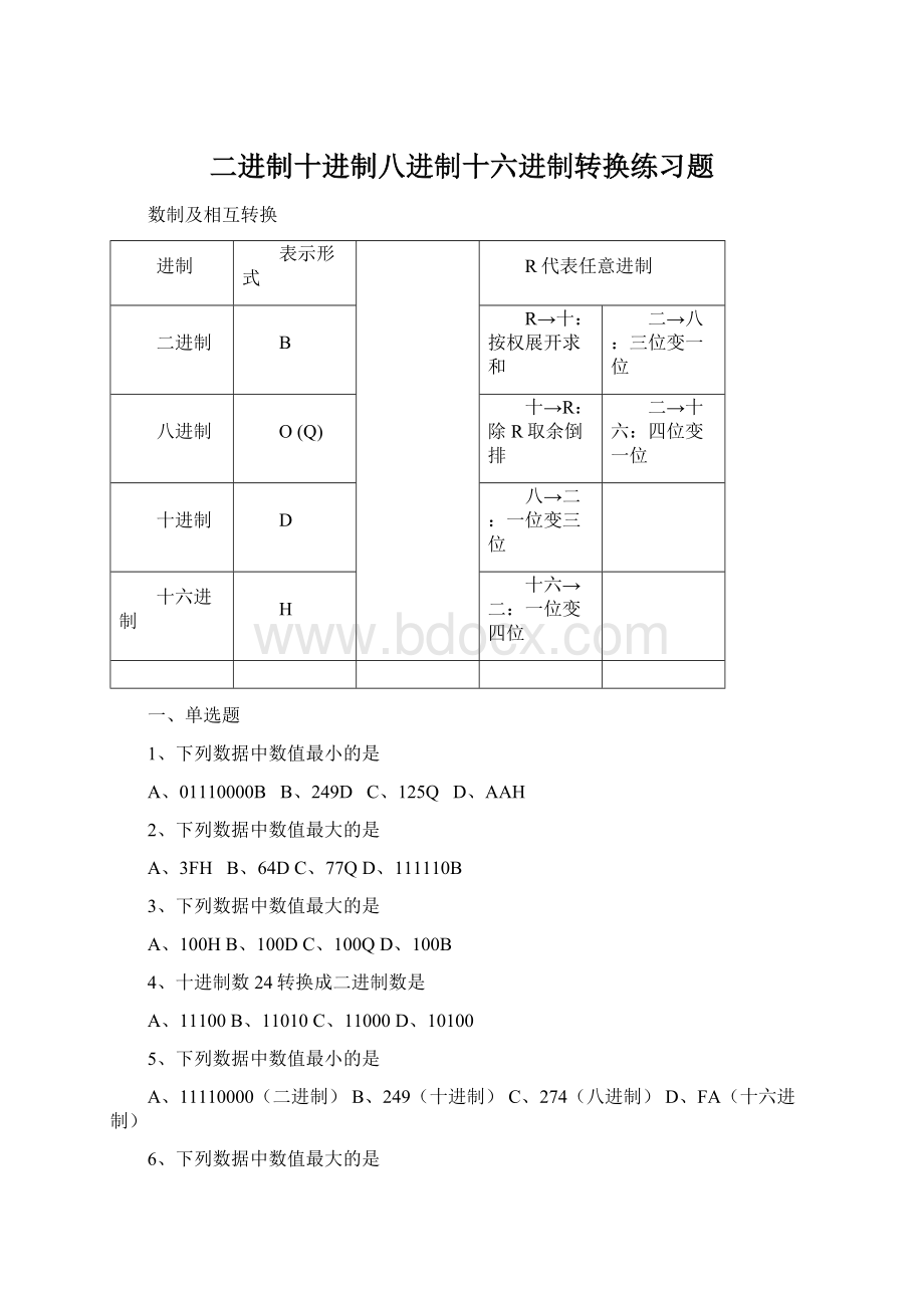 二进制十进制八进制十六进制转换练习题文档格式.docx