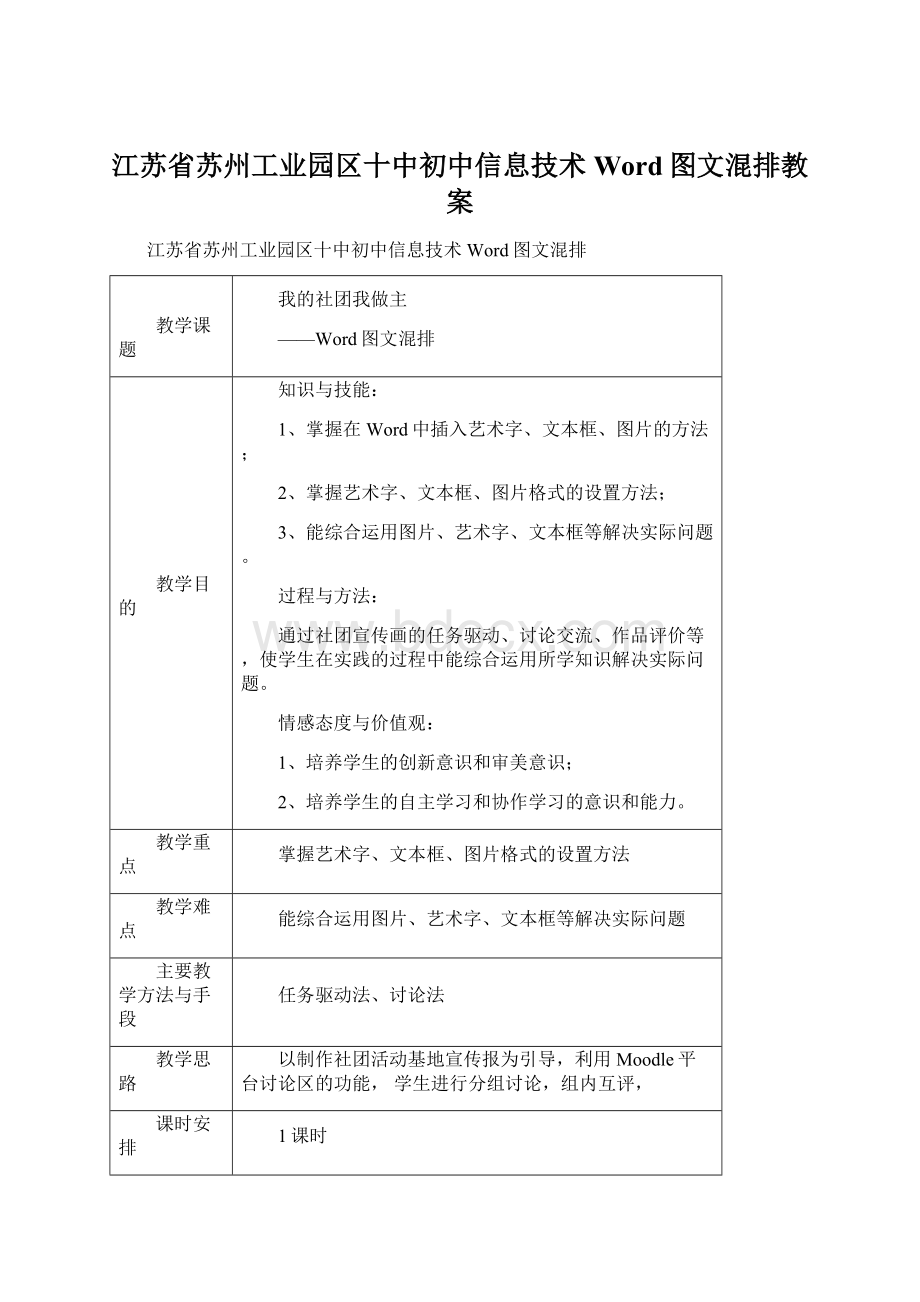 江苏省苏州工业园区十中初中信息技术 Word图文混排教案.docx_第1页