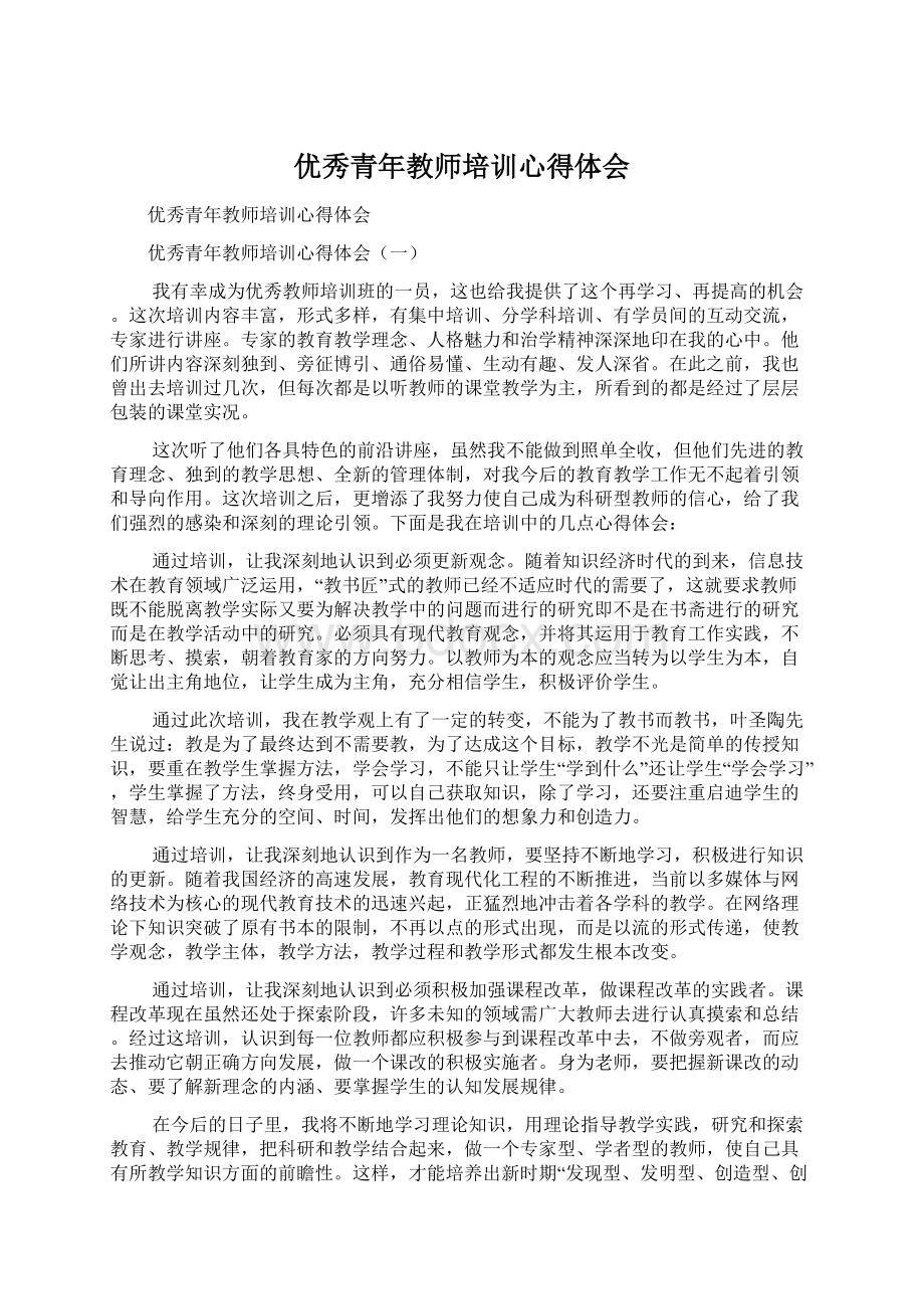 优秀青年教师培训心得体会文档格式.docx