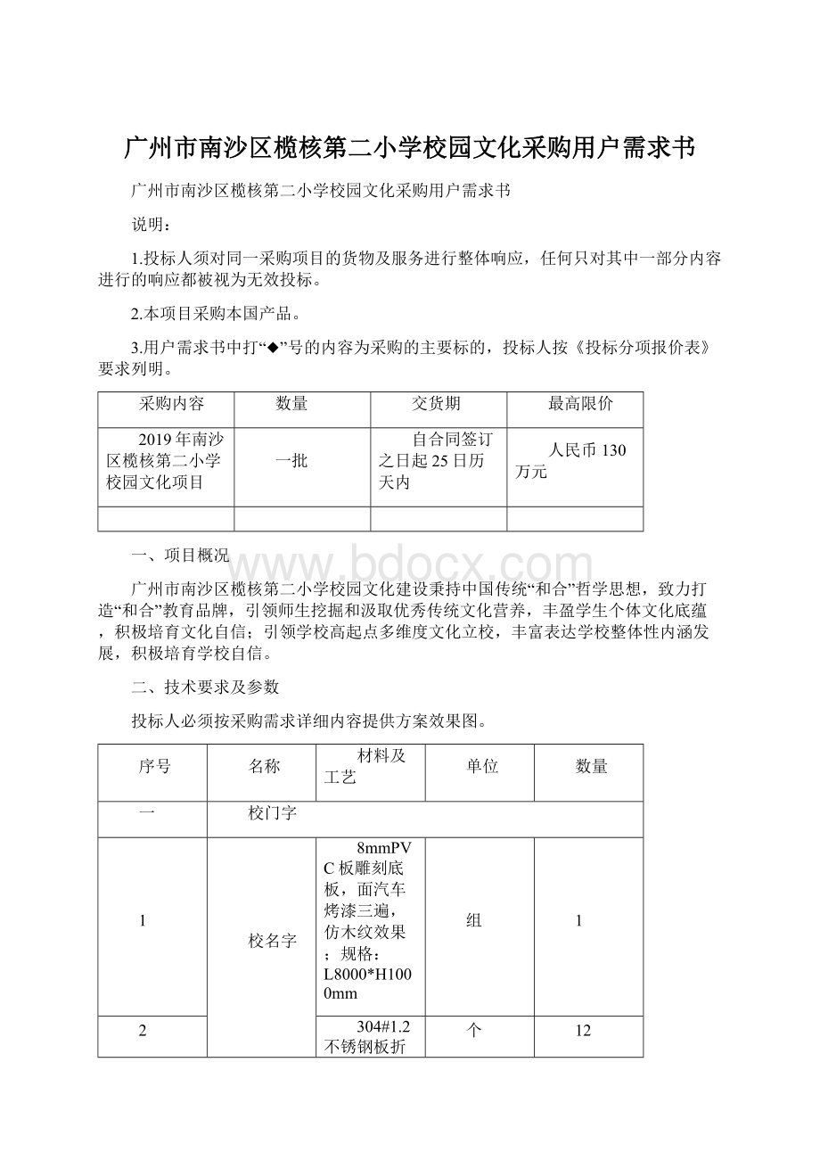广州市南沙区榄核第二小学校园文化采购用户需求书.docx
