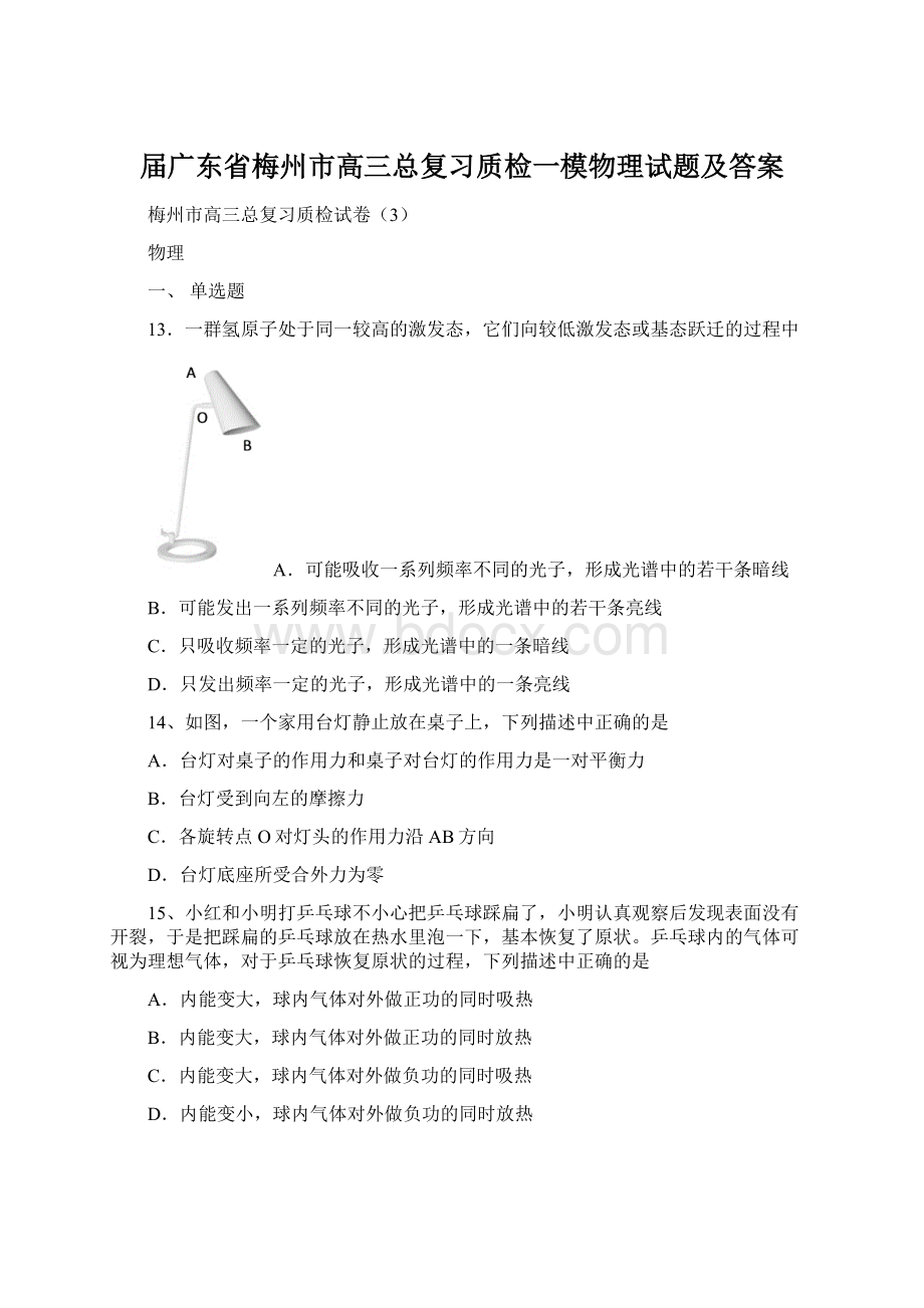 届广东省梅州市高三总复习质检一模物理试题及答案.docx