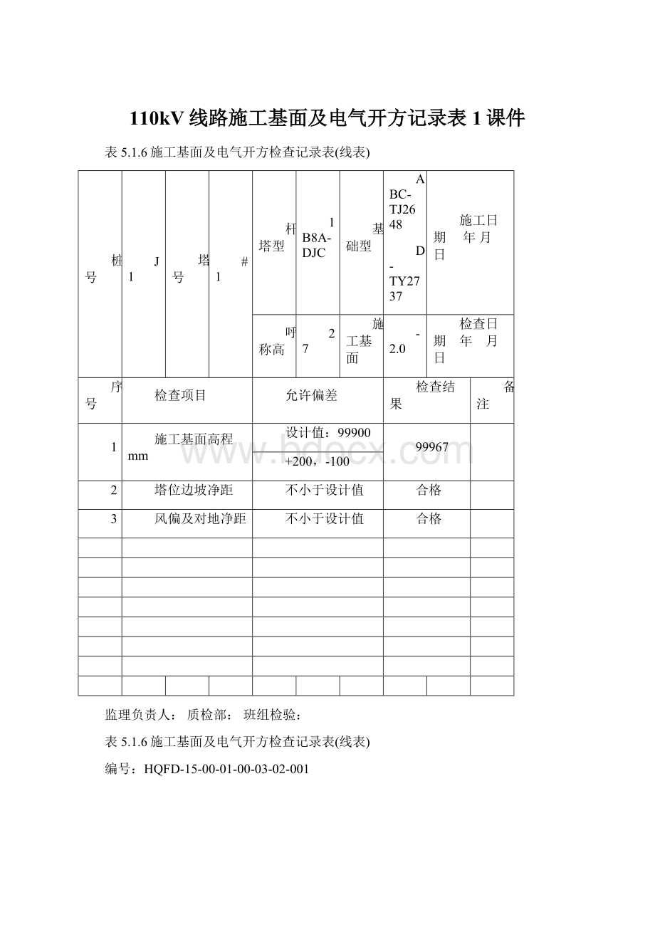 110kV线路施工基面及电气开方记录表1课件.docx_第1页