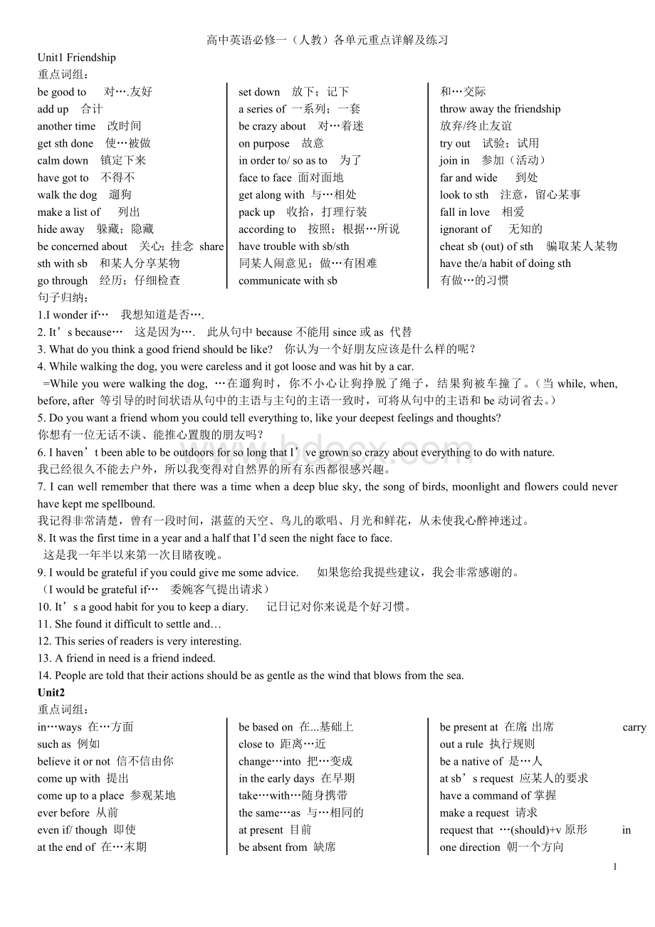 人教版高中英语必修一各单元重点详解及练习.doc_第1页