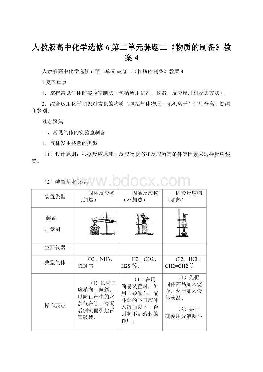 人教版高中化学选修6第二单元课题二《物质的制备》教案4Word文件下载.docx