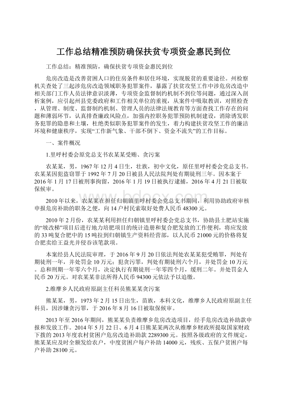 工作总结精准预防确保扶贫专项资金惠民到位.docx_第1页