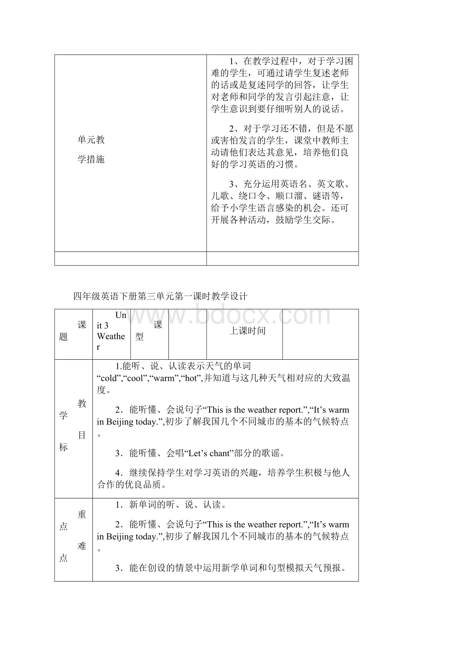 新人教版小学四年级英语下册unit3Weather教案文档格式.docx_第2页