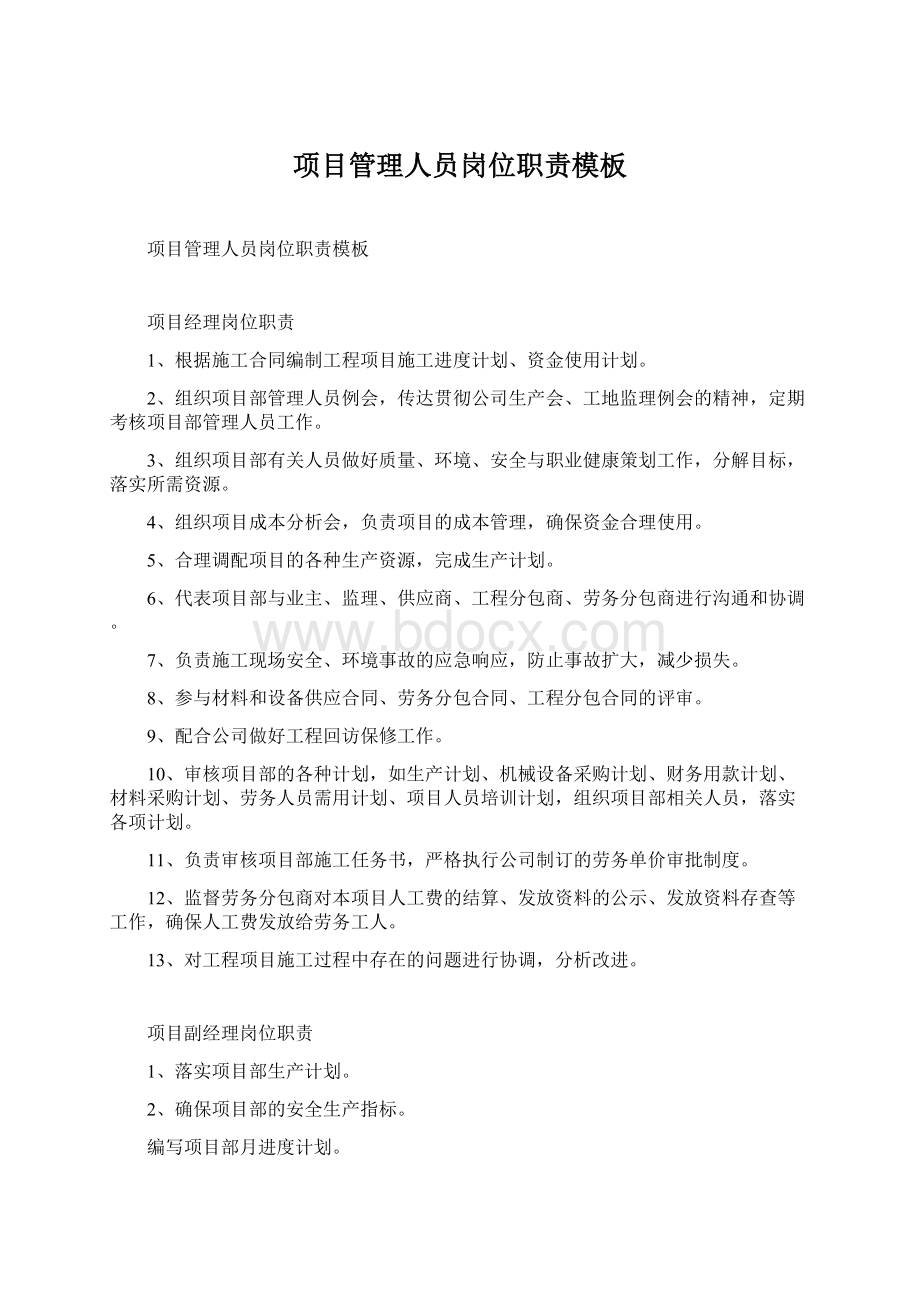 项目管理人员岗位职责模板Word格式文档下载.docx_第1页