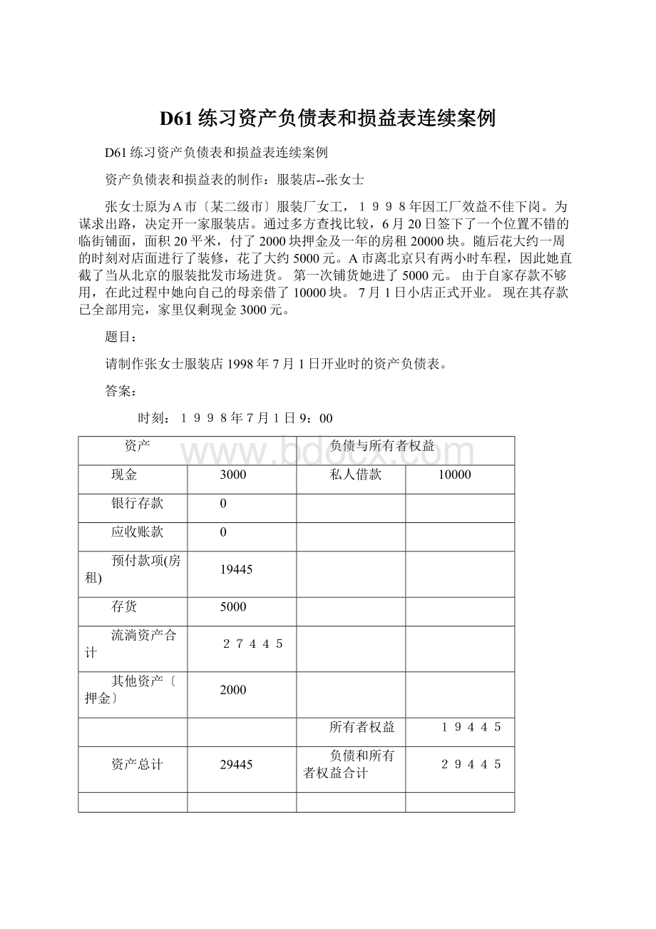 D61练习资产负债表和损益表连续案例Word格式文档下载.docx