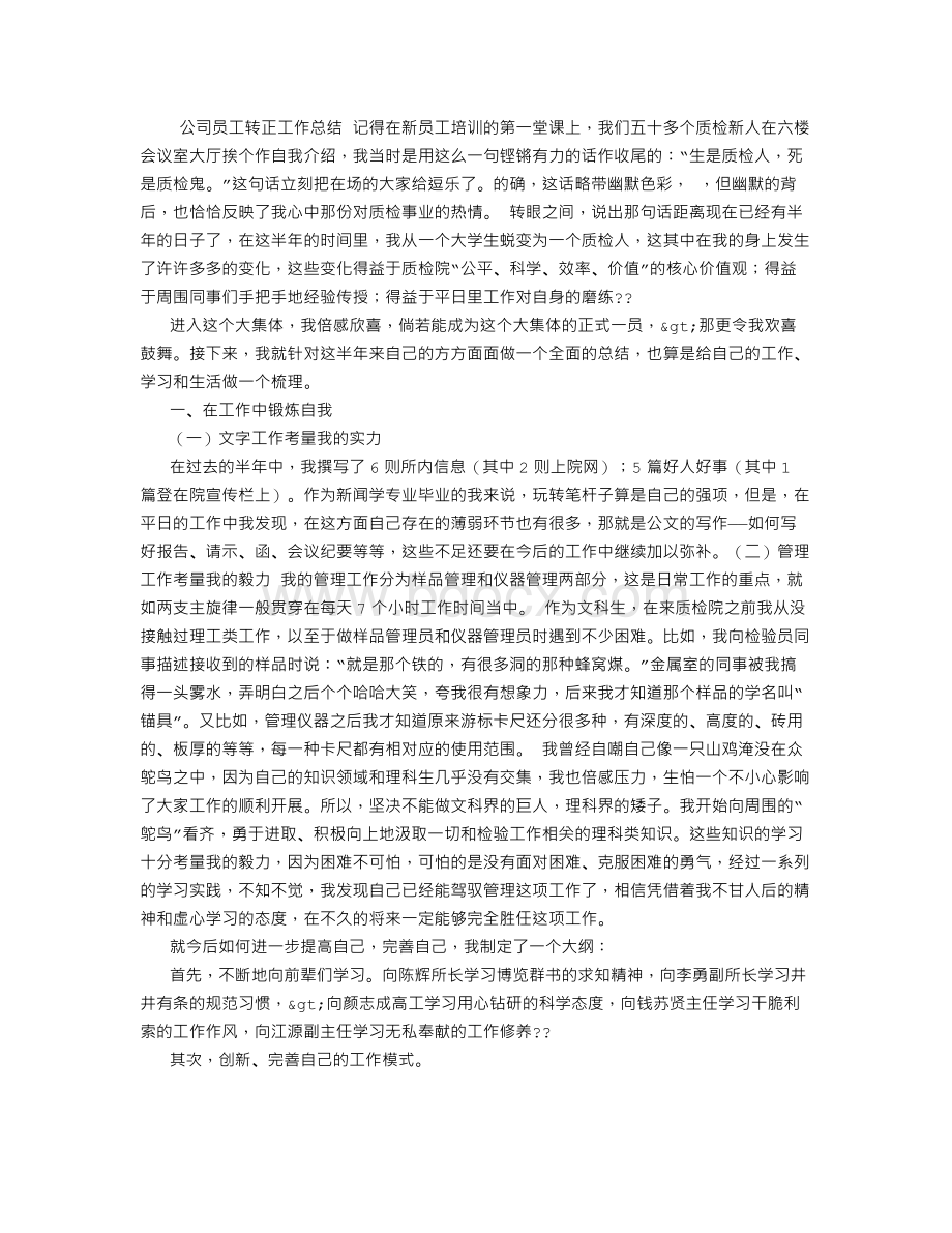 公司员工转正工作总结Word文档下载推荐.doc