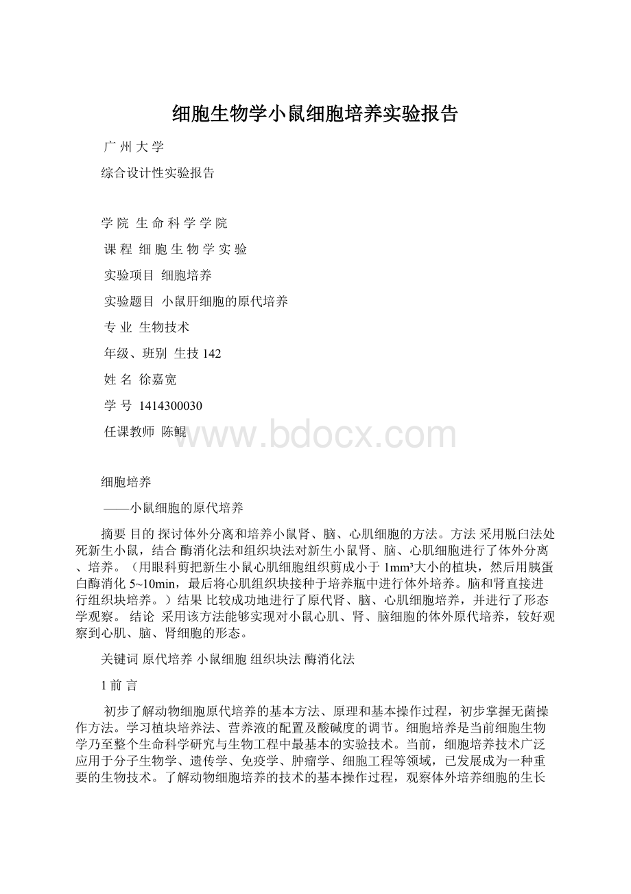 细胞生物学小鼠细胞培养实验报告Word格式.docx