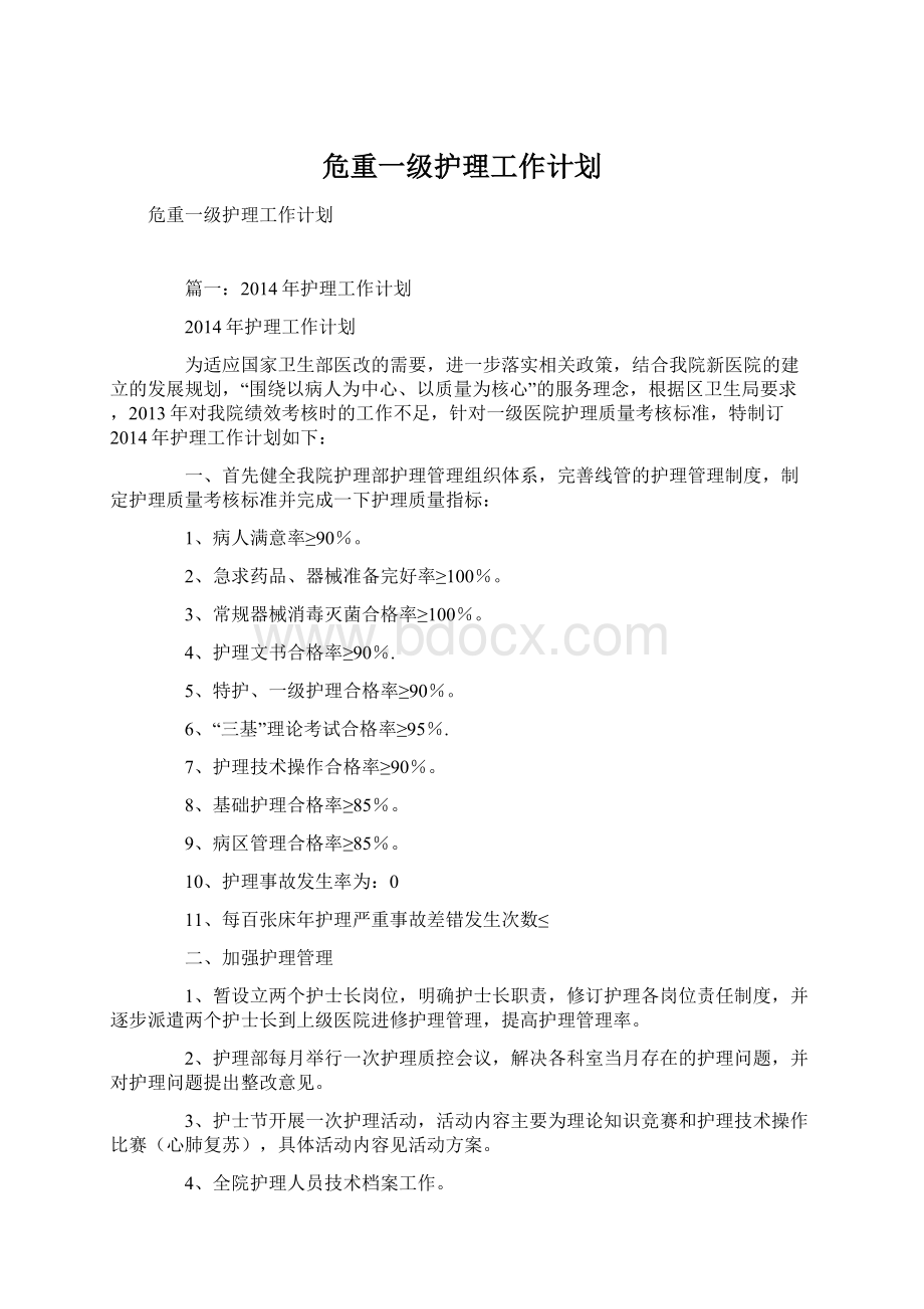 危重一级护理工作计划文档格式.docx_第1页