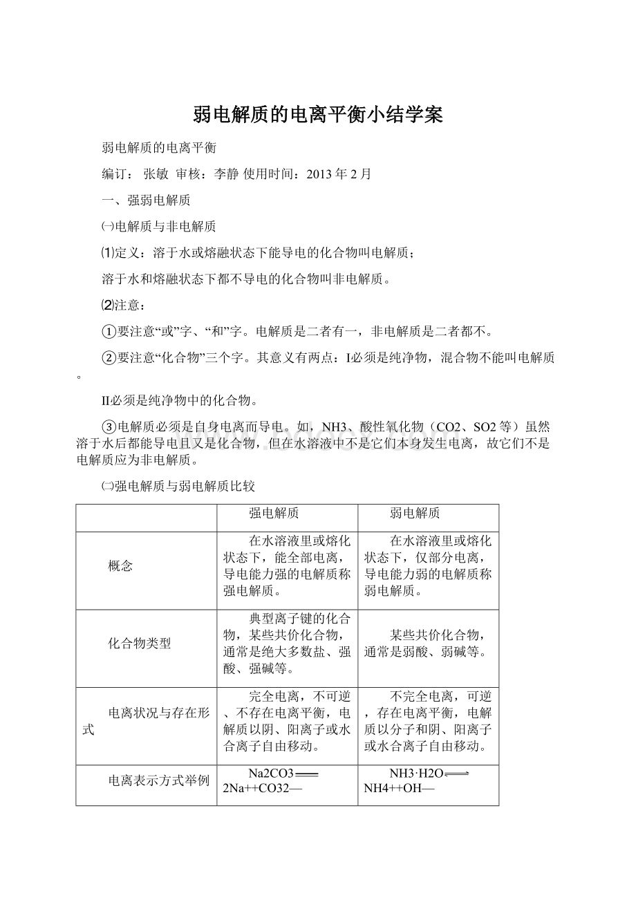 弱电解质的电离平衡小结学案.docx