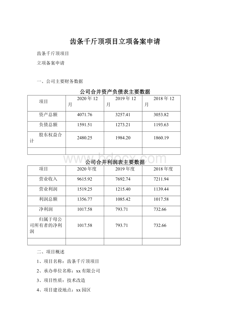 齿条千斤顶项目立项备案申请Word文档下载推荐.docx