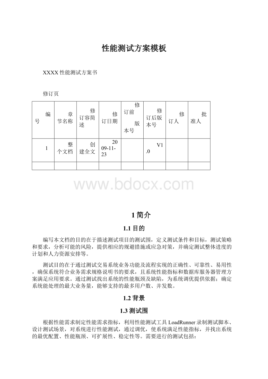 性能测试方案模板Word格式.docx