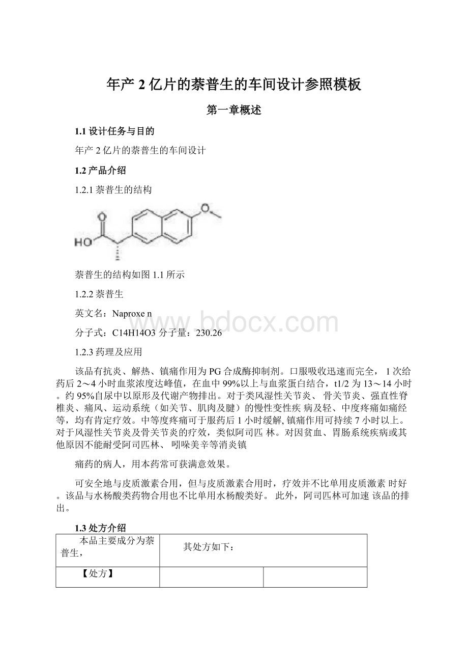 年产2亿片的萘普生的车间设计参照模板.docx