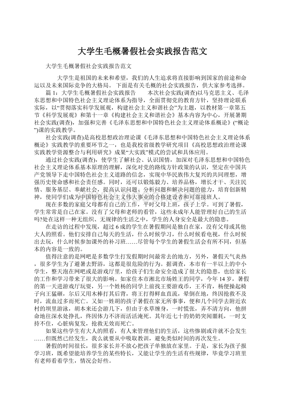 大学生毛概暑假社会实践报告范文.docx_第1页