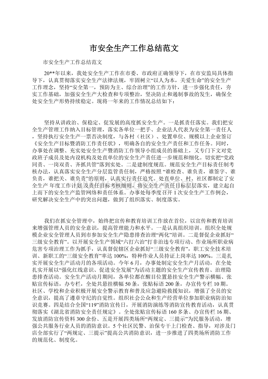 市安全生产工作总结范文文档格式.docx