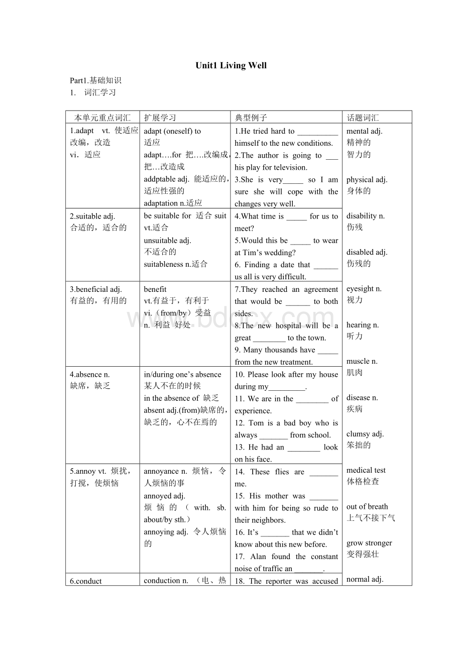 人教版高中英语选修7unit1词汇学习以及重点语法.doc