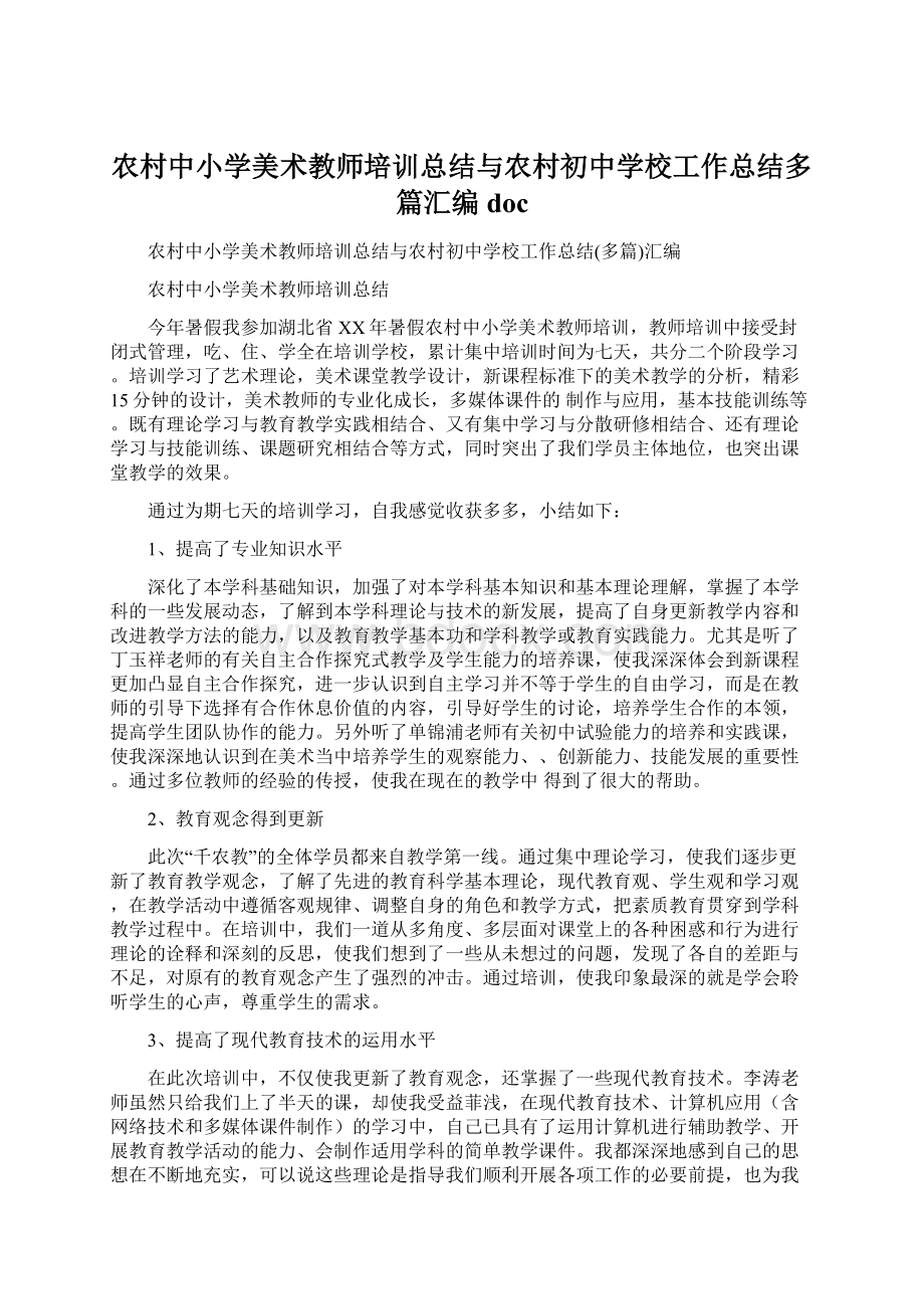 农村中小学美术教师培训总结与农村初中学校工作总结多篇汇编docWord文档格式.docx_第1页