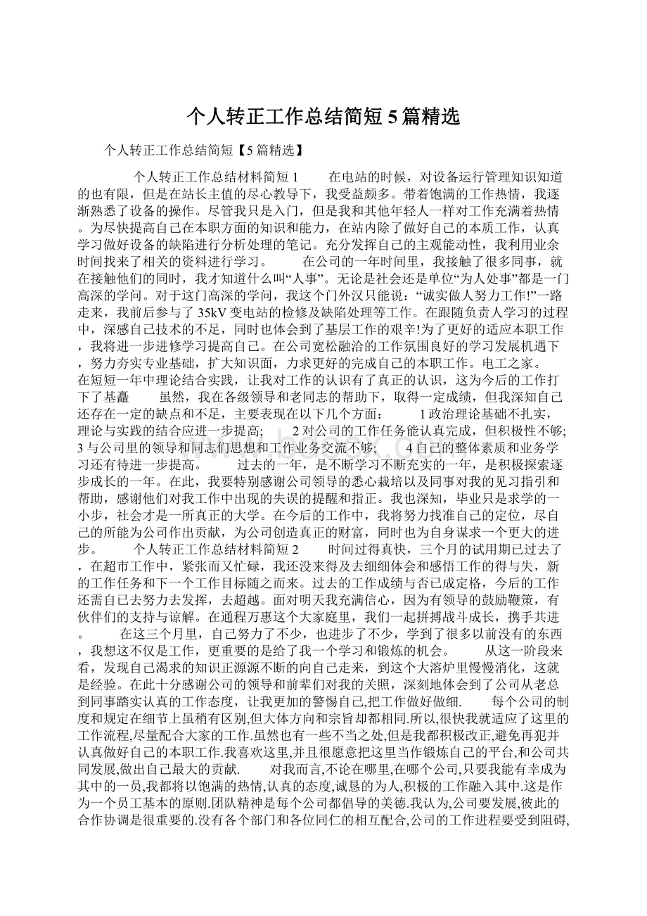 个人转正工作总结简短5篇精选Word文档格式.docx