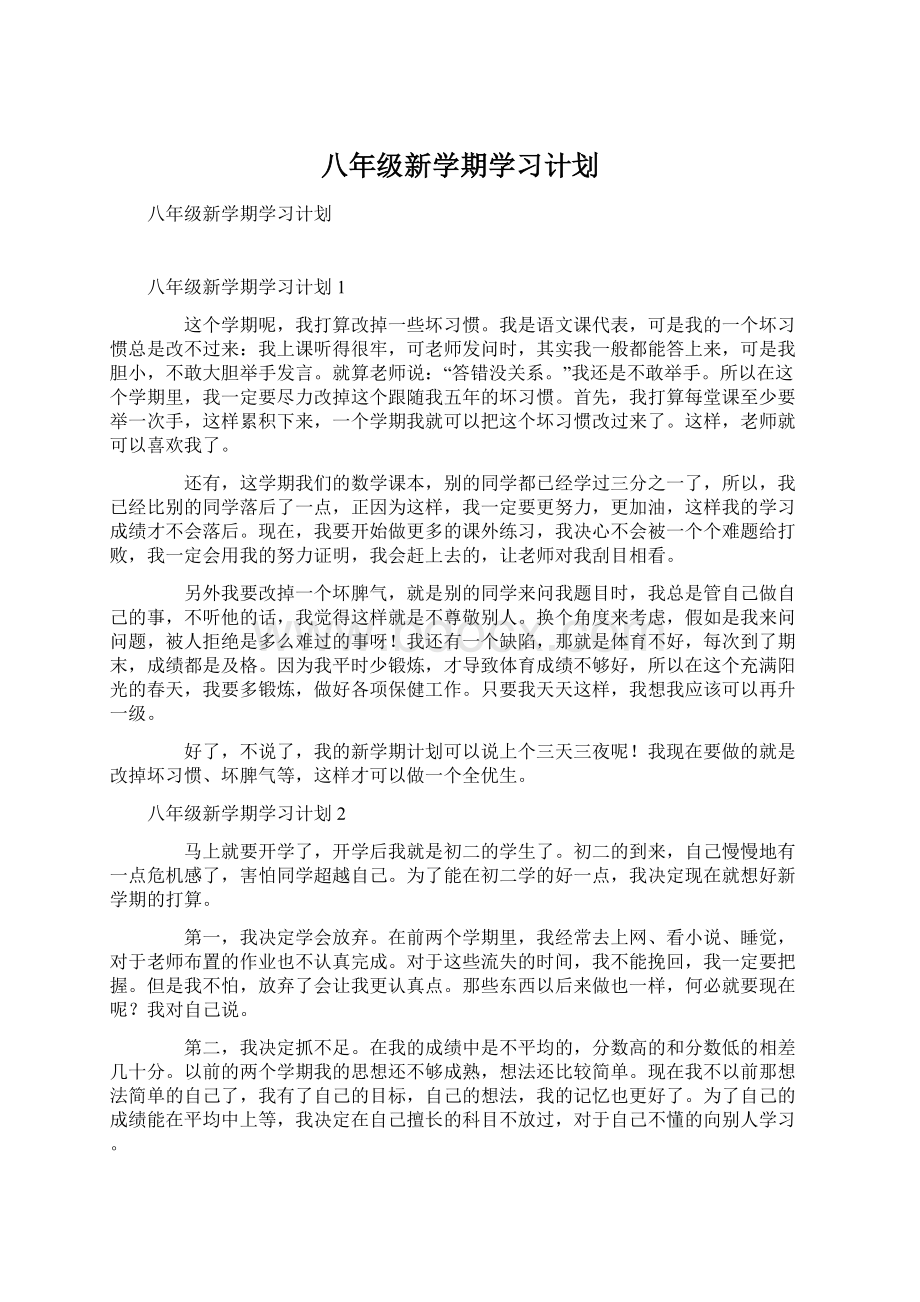 八年级新学期学习计划文档格式.docx