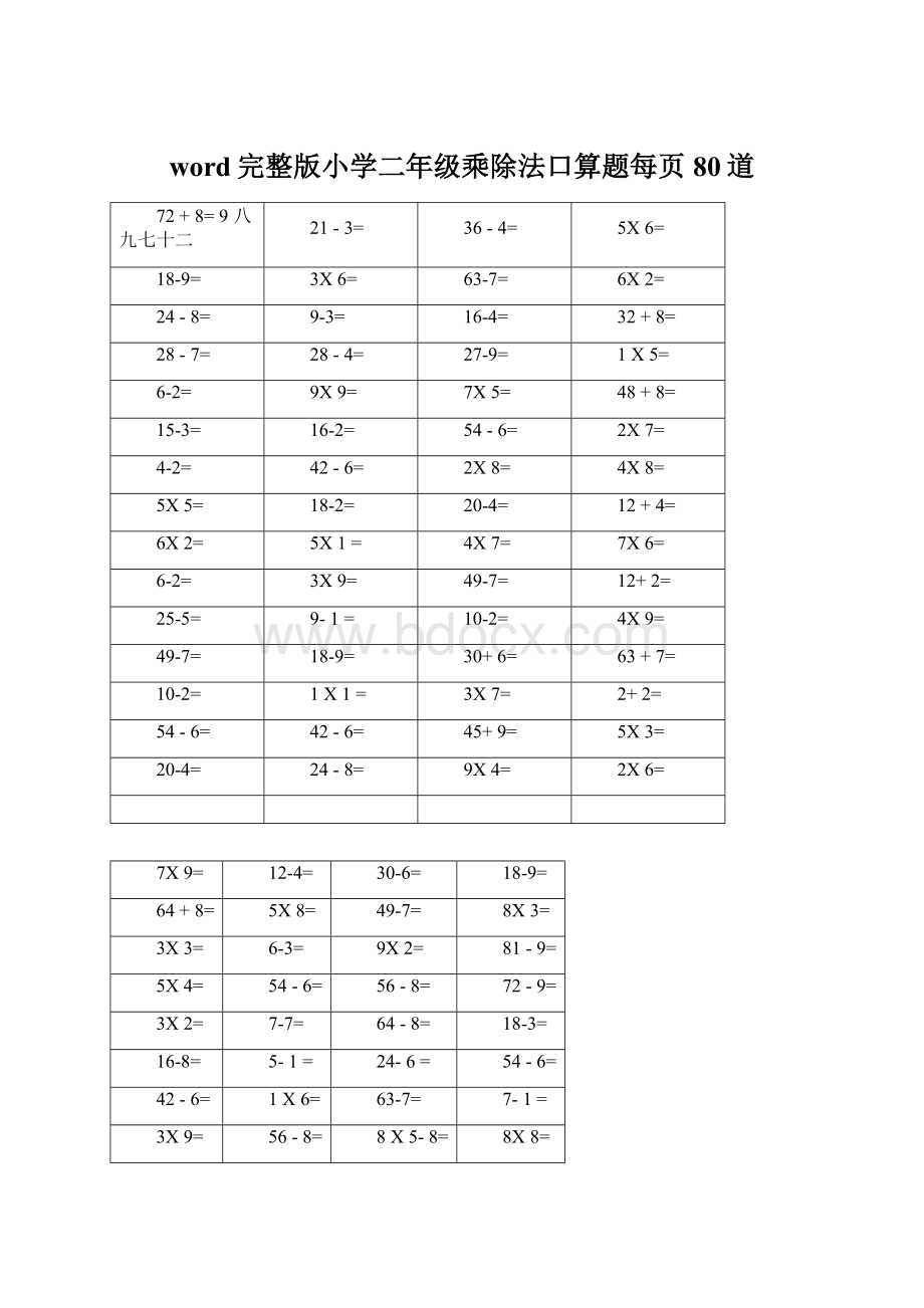 word完整版小学二年级乘除法口算题每页80道.docx