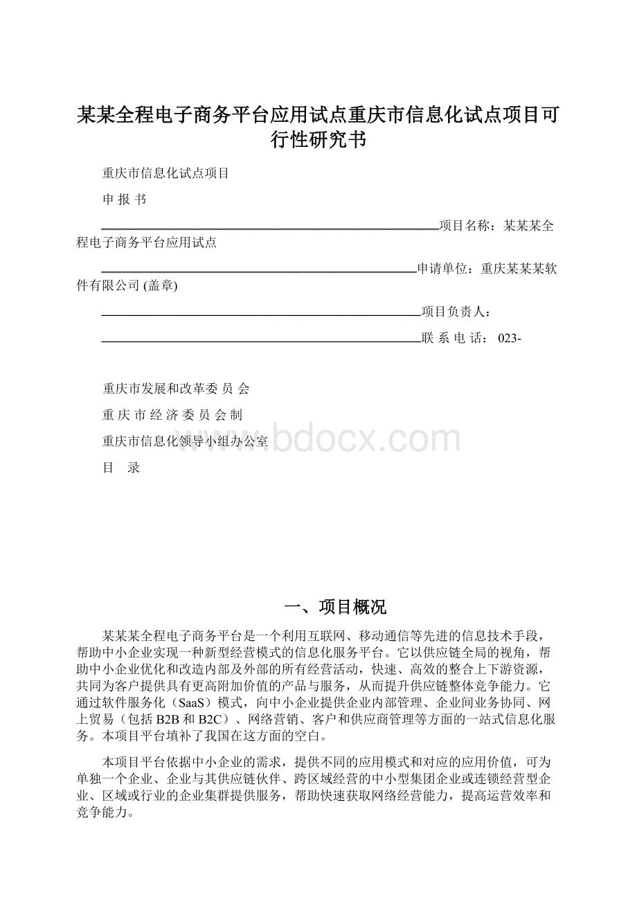 某某全程电子商务平台应用试点重庆市信息化试点项目可行性研究书Word文件下载.docx