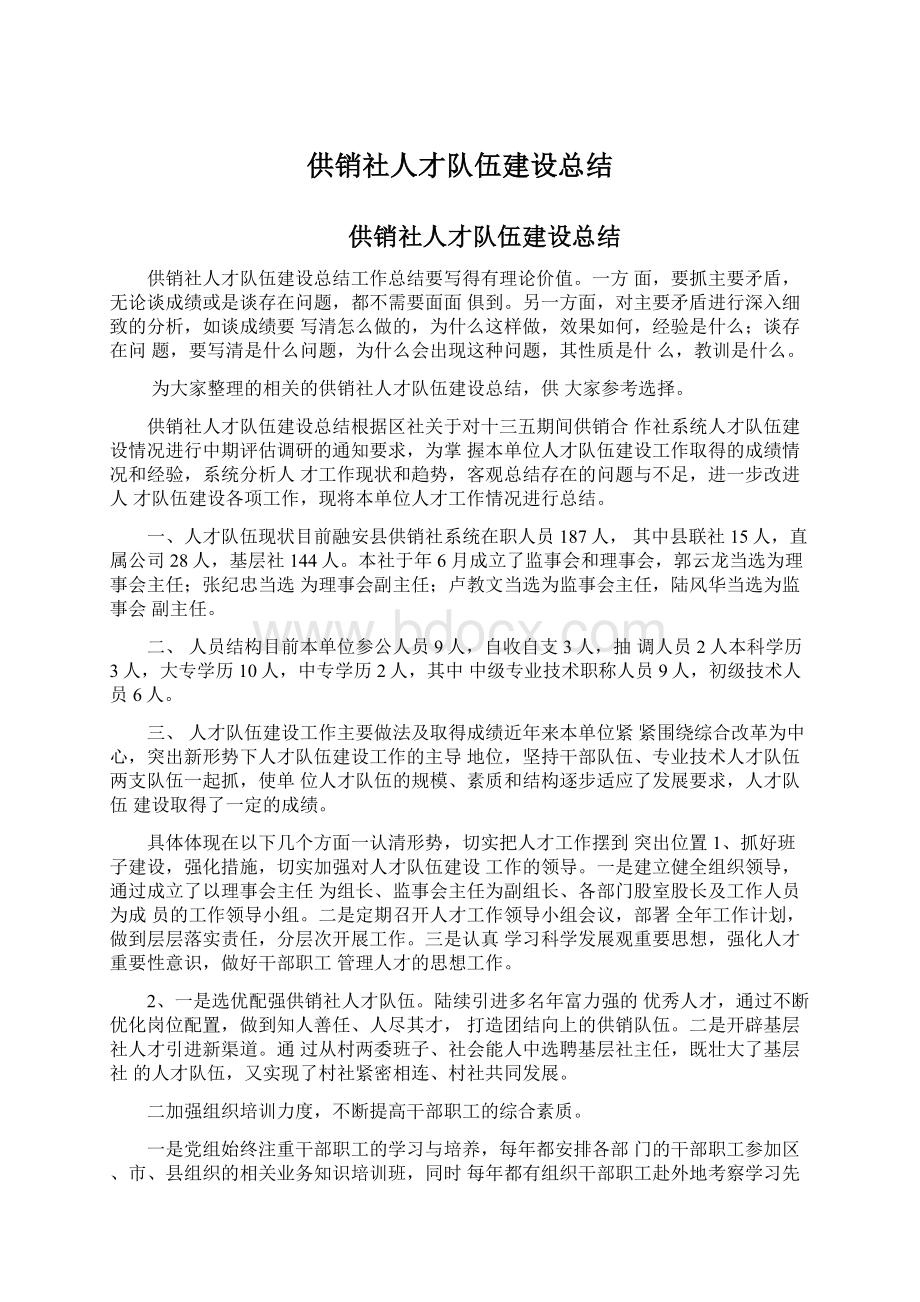 供销社人才队伍建设总结Word文件下载.docx