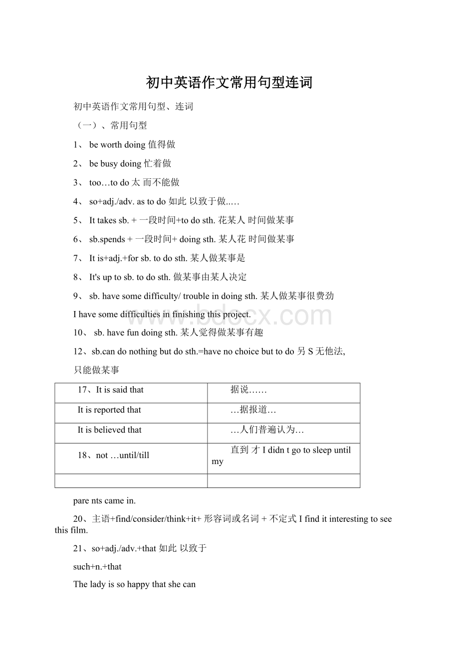 初中英语作文常用句型连词Word文件下载.docx