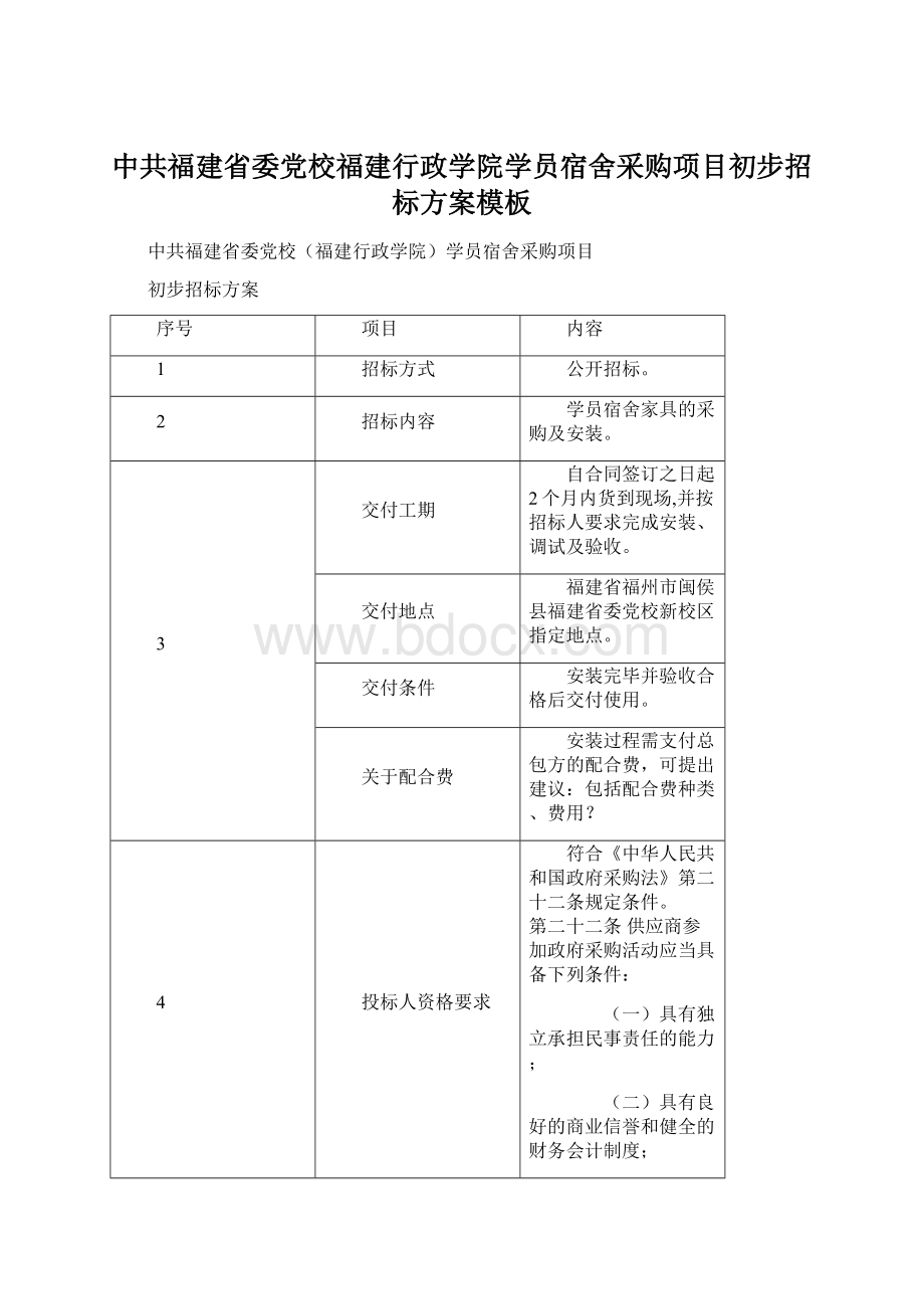 中共福建省委党校福建行政学院学员宿舍采购项目初步招标方案模板.docx