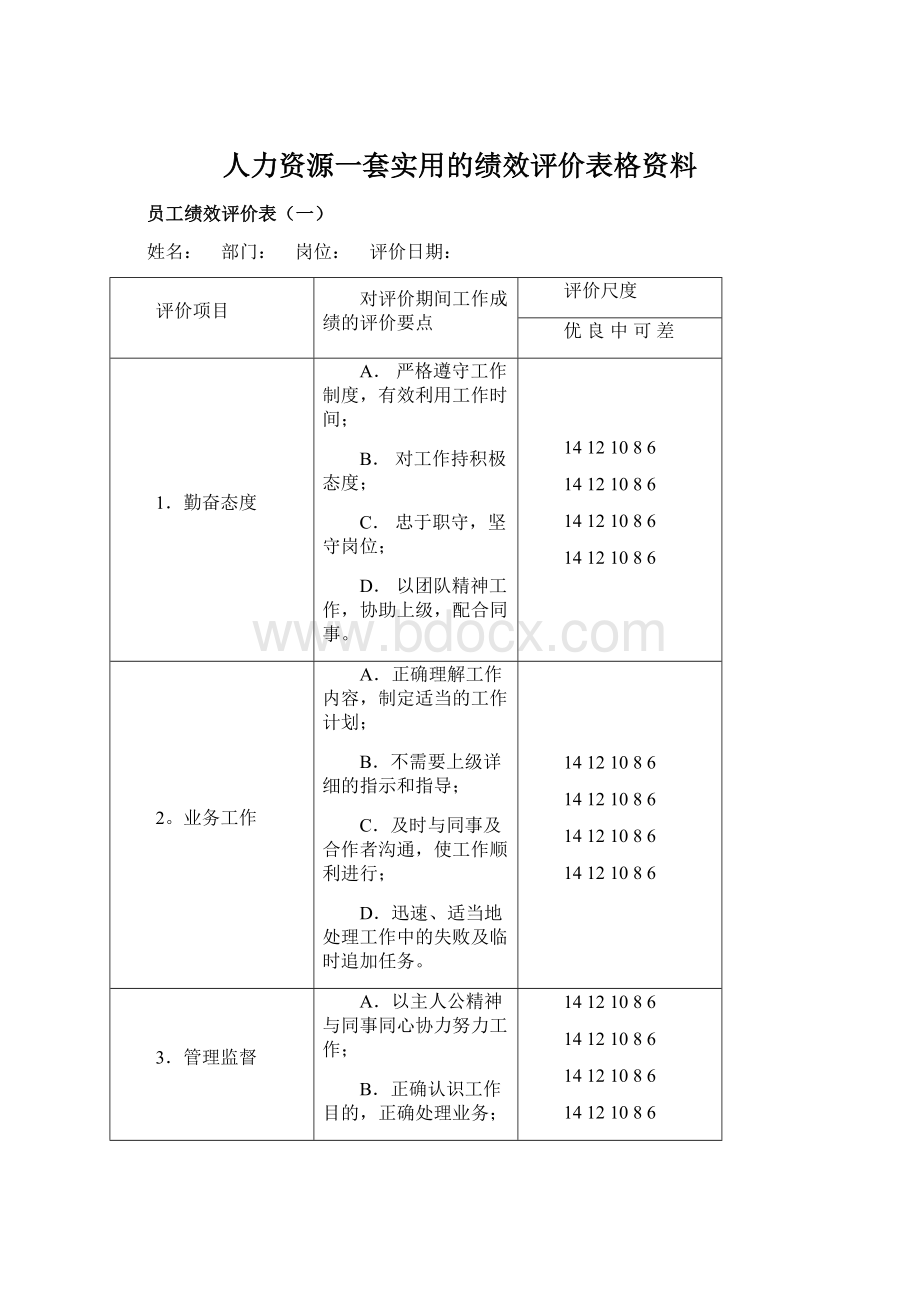 人力资源一套实用的绩效评价表格资料.docx_第1页